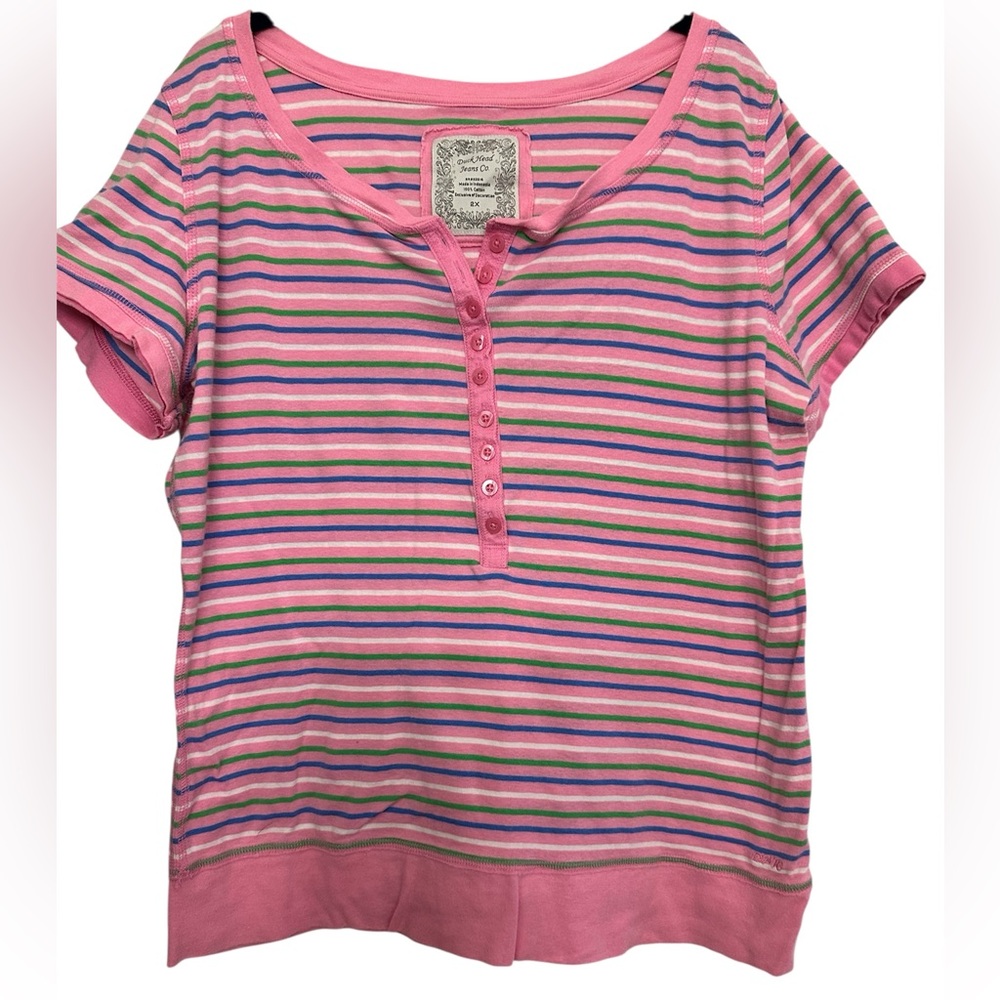 Duck Head Pink Multi-Stripe Short Sleeve Henley Top***See measurements